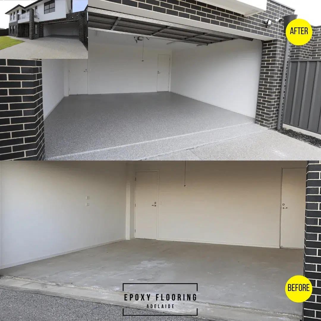 From bare concrete to showroom shine epoxy coated garage floor transformation Before → After by Epoxy Flooring Adelaide