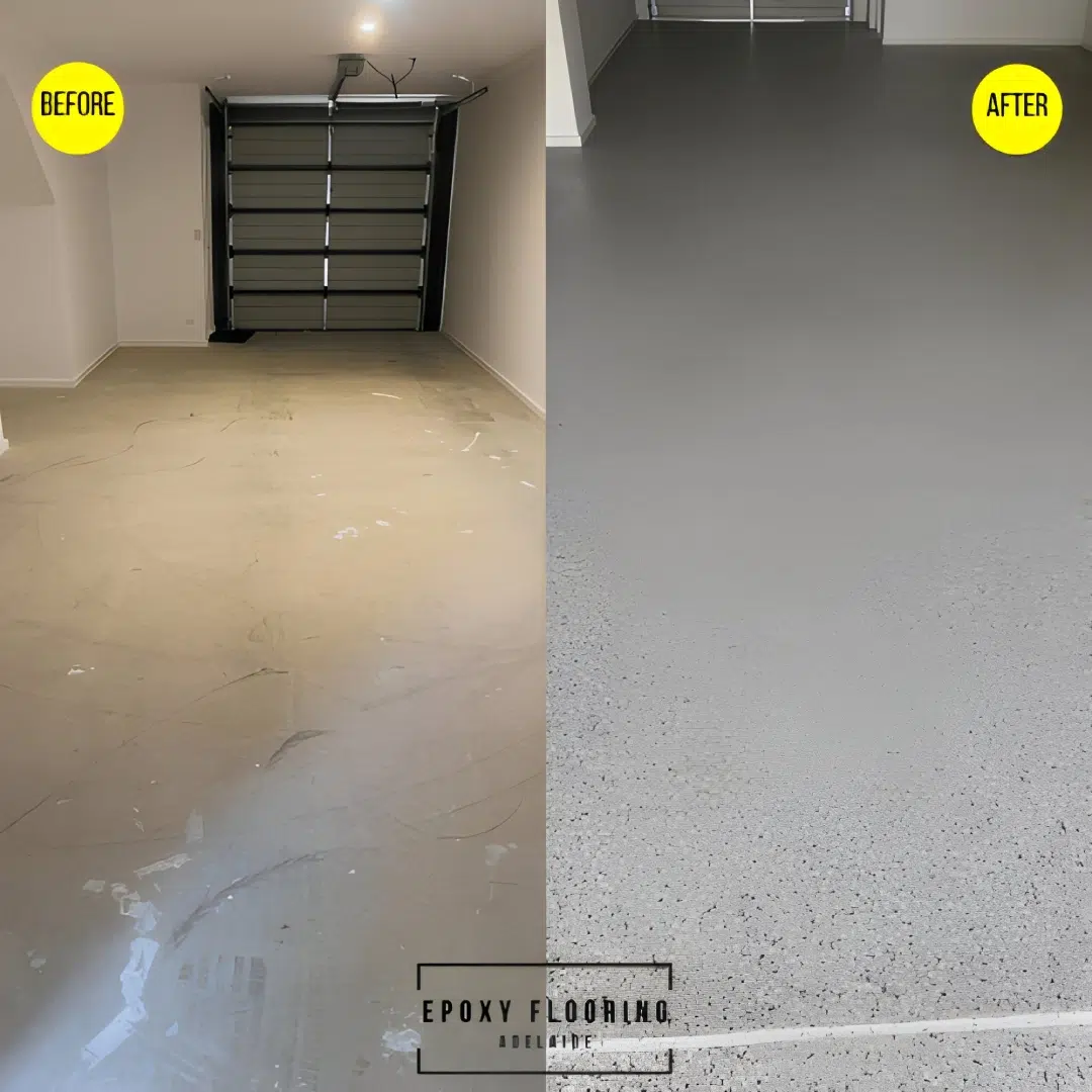 From dusty concrete to sleek and spotless. Before vs After fresh epoxy flake finish that makes the garage look brand new