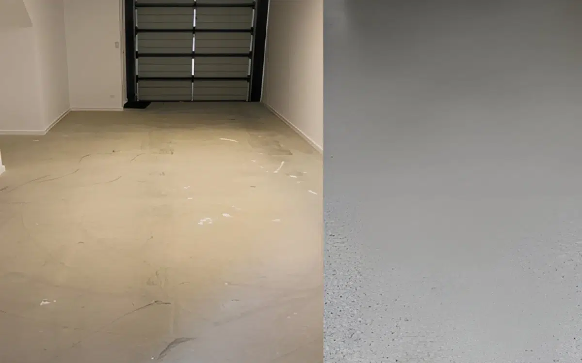 From dusty concrete to sleek and spotless. Before vs After fresh epoxy flake finish that makes the garage look brand new