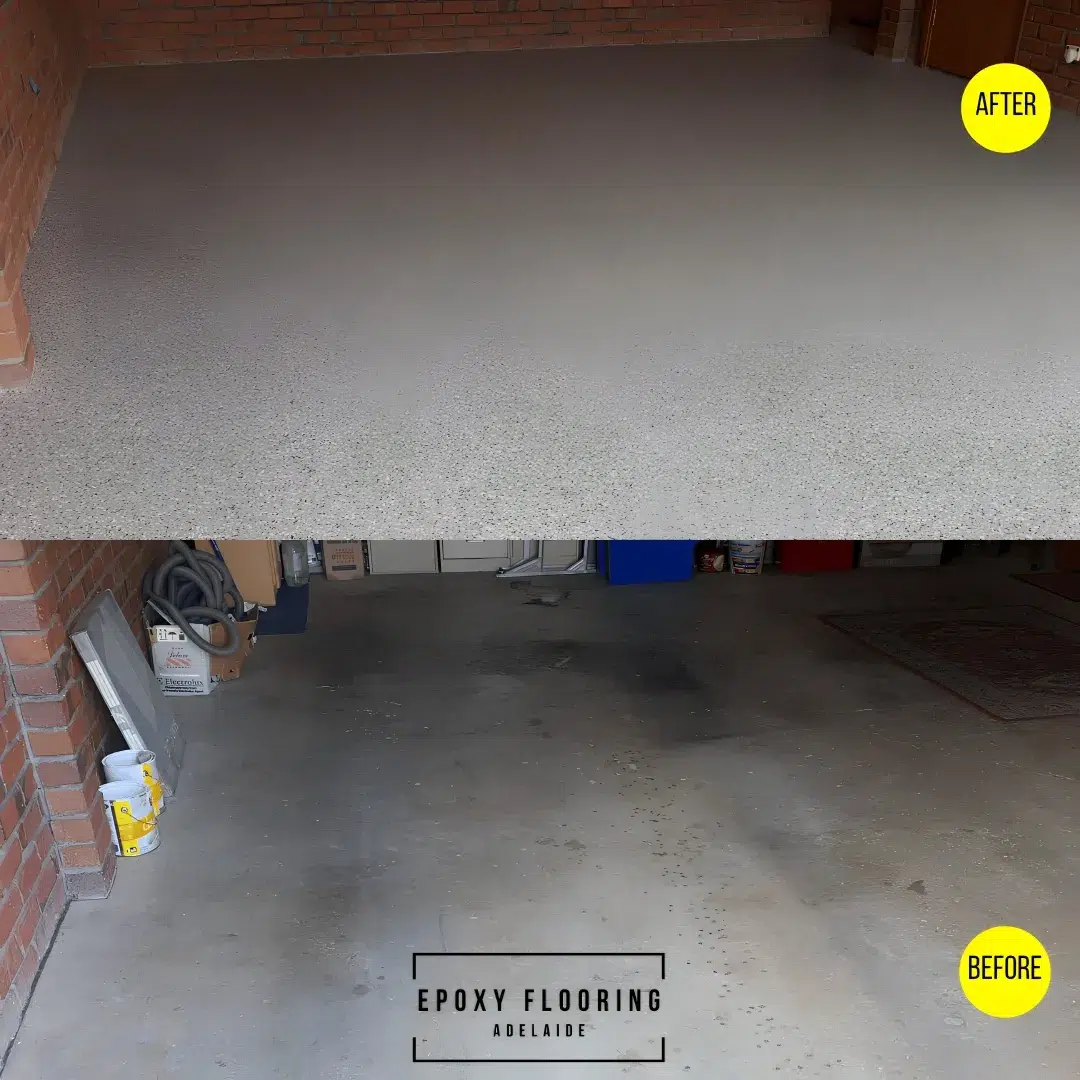 From stained concrete to sleek and spotless Epoxy Flooring Adelaide transformed this garage with a durable non slip flake finish