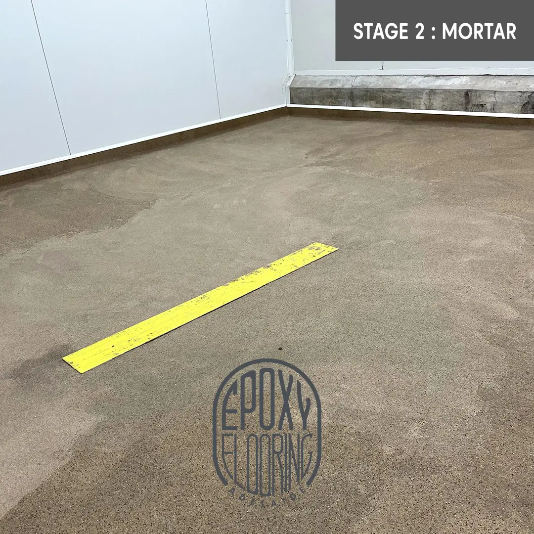 Mortar floor prep for heavy duty epoxy flooring system